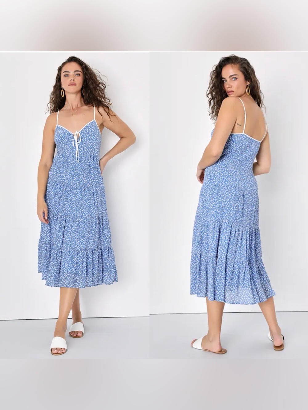 Lulu’s Trendy Darling Blue Floral Print Tiered Sleeveless Midi Dress